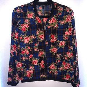 Medium Sheer Plaid and Floral Zip-Up Top/Jacket